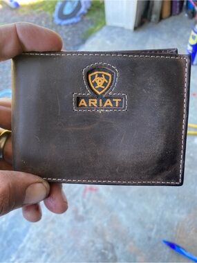 Ariat Dark Brown Leather Bifold Wallet with Gold Logo Accent